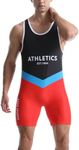 Men's Wrestling Suit Tight Sportswear One Piece Sleeveless Training Gym Weightlifting Bodysuit Navy Red Blue M