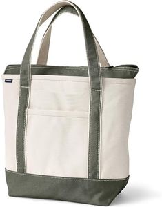 Lands' End Zip Top Canvas Tote Bag, Natural/Dark Olive Green, Small