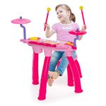 Maxmass Kids Piano and Drum Set, 24-Key Electric Keyboard Drum Kit with 2 Drum Sticks, LED Lights, Headset & Microphone, MP3, Record, Stool, Children Music Instrument Toys Set for Boys Girls (Pink)