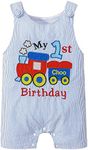 XIFAMNIY Infant Baby Boy embroidered Seersucker Shortall 1st Birthday Striped One-Piece Sleeveless Cotton Romper Summer Jumpsuit Cake Smash Clothes