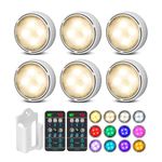 LED Puck Lights Battery Operated Under Cabinet Lighting, Closet Lights with Remote, Color Changing Under Counter Lighting, Stick On Lights for Kitchen, Bookcase, Cupboard, 6 Pack - White