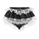 Satini Frilly Lace Sissy Ruffled French Knickers Briefs Lingerie Silky Satin Underwear Panties (Black, S)