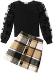 Arshiner Outfits for Girls Casual Skirt Sets Long Puff Sleeve Rib Knit Tops and Lattice Fall Short Skirts Kids Warm Winter Clothing Sets