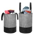 PrettyKrafts 45L Non Woven Stripe Printed Round Foldable Large Laundry Bag/Basket With Handles, Freestanding Clothes Storage Organizer for Bedroom, Bathroom, Dorm (36x36x45cm, Black, Set of 2)