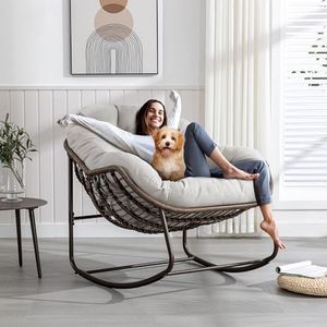 Large Indoor Outdoor Rocking Chair, Oversized Rocking Papasan Chair with Thick Cushion and Frame Outdoor Rocker, Comfy Wicker Egg Chairs Lounge for Outside Porch Patio Backyard Balcony (Beige)