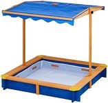 Teamson Kids 4' Square Solid Wood Sandbox with Rotatable Canopy Cover, Honey/Blue