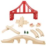 OrgMemory Wooden Railway, Wooden Train Track Set, Suspension Bridge, Viaduct Bridge, Cross Track, Curved Track and Stop Track Compatible with All Major Brands