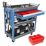 AIRAJ 3 Tier Rolling Tool Cart,Mechanic Tool Cart on Wheels,Industrial Utility Cart with Drawers and Pegboard,440 LBS Capacity Tool Storage Cart for Garage,Warehouse,Blue