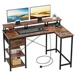 Dripex L Shaped Desk with Power Outlet Corner Computer Desk with Storage Shelves & Fabric Drawer, Study Writing Table Gaming Desk for Home Office L120xW80xH88cm