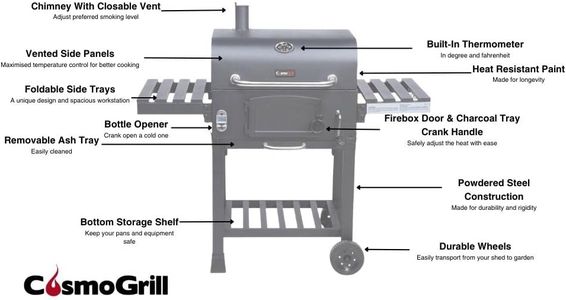 CosmoGrill XL Charcoal BBQ Smoker – Portable Grill with Side Tables & Thermometer