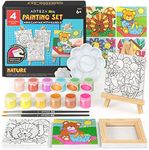 Arteza Kids Nature Painting Kit, 4 Canvases 3 x 3 Inches, 4 Easels, 12 Acrylic Paints, 2 Paint Brushes, 1 Palette, Kids Activities for Ages 6 and Up