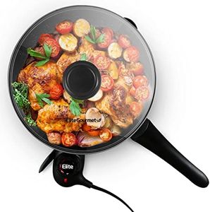 Elite Gourmet EG6207 Scratch Resistant 10.5-inch (2Qt) Fry Pan, Easy-Pour Spout Dishwasher Safe, Non-stick Electric Skillet with Glass Vented Lid, Adjustable Temperature, Black