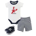 Hudson Baby Unisex Baby Cotton Bodysuit, Shorts and Shoe Set, Lobster, 6-9 Months