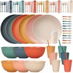 66pcs Unbreakable Tableware Sets for 6 People, Plastic Plates and Bowls Set,Lightweight Colorful Plastic Camping Plates, Bowls, Cups,Cutlery Set, Straw, Forks,Children Dinnerware Set