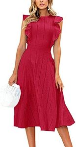 ECOWISH Womens Dresses Elegant Wedding Cocktail Ruffles Cap Sleeves Summer A-Line Midi Dress Red Small