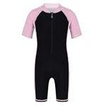 Freebily Kids Boys Girls Shorty Wetsuit One Piece Rash Guard Swim Suit Short Sleeve Sunsuit Bathing Diving Swimwear Pink&Black A 10-12