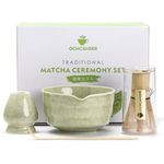 Ochcahser Matcha Set, Japanese Tea Set Includes Matcha Bowl with Spout, Matcha Whisk Holder, Bamboo Matcha Whisk and Bamboo Scoop, 17 oz Mottled Tea Green Glaze Ceramic Matcha Kit for Tea Lovers