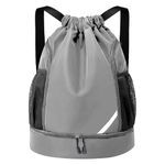 Oziral Drawstring Backpack Water Resistant String Bag Gym Sports with Shoe Compartment Side Mesh Pockets for Women Men (Grey)