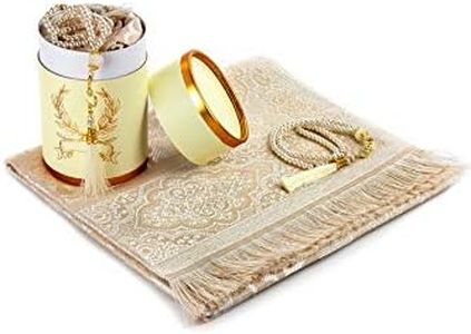 Muslim Prayer Rug and Prayer Beads with Elegant Cylinder Gift Box | Janamaz | Sajadah | Soft Islamic Prayer Rug | Islamic Gifts Set | Prayer Carpet Mat, Taffeta Fabric, Cream