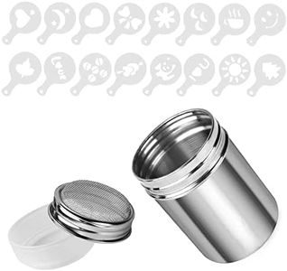 Chocolate Shaker Stainless Steel Duster Dredges Cans Coffee Sprinkles Powder Set Cocoa Cinnamon Powder Can with 16 Coffee Molds Stencils for Kitchen Baking Cooking Cappuccino Coffee Latte Coffee,