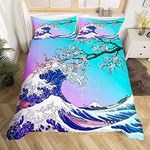 Japanese Ukiyoe Bedding Set Cherry Blossoms Wave Duvet Cover for Kids Boys Girls Fuji Mountain Blue Comforter Cover Japanese Style Decor Bedspread Cover 2Pcs Bedding Single