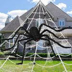 ZHSDUEWN Halloween Decorations Spider Web, 50'' Giant Spider 200'' Triangular Cobweb and 40G Spider Web with Ground Stakes Gutter Hook, Halloween Decor for Indoor Outdoor Garden Haunted House Props