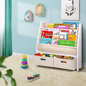 Keezi Kids Bookshelf, 4 Tiers Storage Book Shelf Bookshelves Corner Wall Toy Bookcase Rotating Display Shelves Home Living Room Bedroom Kindergarten Furniture, Safe Rounded Edges White