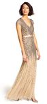 Adrianna Papell Women's Long Beaded V-Neck Dress with Cap Sleeves and Waistband, Nude, 16