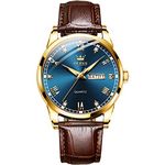 OLEVS Mens Watches Big Face Brown Leather Strap Analog Watches for Men Roman Numeral Blue Dial Diamond Mens Watches Fashion Casual Quartz Waterproof Luminous with Day Date Watch for Men