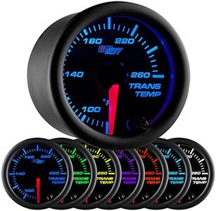 GlowShift Black 7 Color 260 F Transmission Temperature Gauge Kit - includes Electronic Sensor - Black Dial - Clear Lens - for Car & Truck - 2-1/16" 52mm
