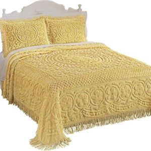 Collections Etc Calista Chenille Lightweight Bedspread with Fringe Border, Yellow, King