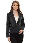 Allegra K Women's Notched Lapel Button Up Long Sleeve Washed Denim Blazer Jacket Black Medium