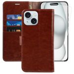 MONASAY Vegan Leather Fit for iPhone 15 5G Wallet Case, 6.1-inch, [Glass Screen Protector Included] [RFID Blocking] Flip Folio Phone Cover with Credit Card Holder,Brown