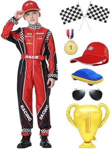 Treyrea Race Car Driver Costume Boys Racer Jumpsuit With Car Cap Kids Dress Up for Halloween (Red Set, S(for height 46"-49"))