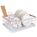 BTGGG Dish Drainer Rack with Removable Drip Tray, Metal Kitchen Drying Rack Organiser with Wooden Handles, White, 43 x 30.5 x 14 cm