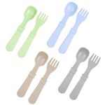 RE-PLAY Made in USA | 8pk Toddler Feeding Utensils Spoon and Fork Set | BPA Free Eco Friendly Recycled Milk Jugs - Virtually Indestructible | Ice Blue, Leaf, Sand, Grey | Naturals Collection (ECO+)