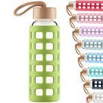 Cleesmil Sports Glass Water Bottle with Silicone Sleeve with Bamboo Lid BPA Free 360 ml （Grass green）