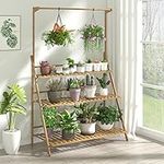 Veakoo Bamboo Hanging Plant Stand Indoor, Large 3 Tier Ladder Planter Shelf Wooden Multiple Flower Display Stands Plant Rack Folding Garden Shelves Pot Holder for Corner Balcony Window Patio