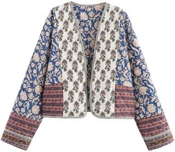 Flygo Women Cropped Puffer Jacket Cardigan Floral Printed Quilted Coats Lightweight Open Front Crop Padded Down Jackets(01Blue-M)