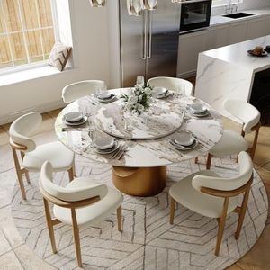 POVISON Modern Dining Table Set with Lazy Susan, 59" Sintered Stone Dining Table with 6 Dining Chairs Set, Pandora Sintered Stone Tabletop with Bronze Carbon Steel Pedestal