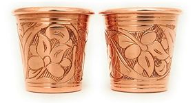 DEDE Copper - 2023 CC Series 2 oz (Set of 2) Tequila/Vodka Shot Glasses, Mini Moscow Mule Cup, Handmade Unlined Uncoated Thickest Pure Solid Copper mini Tumblers for Cocktails (Engraved Tulip)