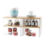 4-Pack Bamboo Kitchen Shelf Organizer for Cabinet, Expandable & Stackable Counter Cupboard Organiser, Storage Rack for Bathroom, Kitchen, Laundry Room White