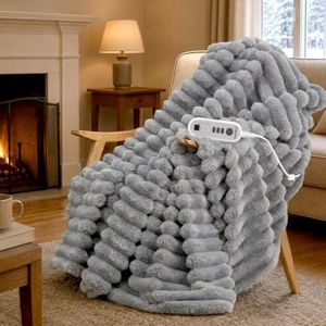 Cozy Bliss Heated Striped Faux Fur Blanket Electric Throw 84"x90", Fast Heating, 8 Heat Levels & 8 Timer Settings with Auto-Off, Overheat Protection ETL Certified, Machine Washable, Gray