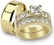 Marimor Jewelry His and Her 14K Gold Plated Stainless Steel 3 Piece Wedding Engagement Ring and Men's Band Set Women's Size 07 Men's 06mm Size 11