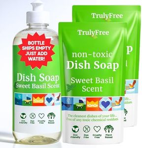 Truly Free Natural Concentrated Dish Detergent Dishwashing Liquid | Plant-Based Dish Soap | Sweet Basil Fresh Scent | 2 Refill Packs with 1 Empty Refillable Squeeze Bottle (16 Oz)