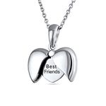 Delicate Engraved Saying BEST FRIENDS BFF Angel Wing Heart Shape Locket Necklace Pendant For Teen Women .925 Sterling Silver