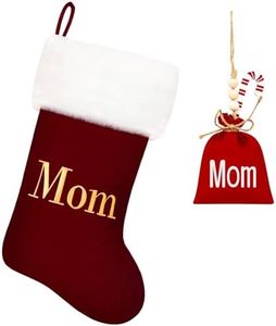 Tokforty 20 Inches Wine Red Velvet with White Super Soft Plush Cuff Monogram Christmas Stockings, Xmas Personalized Embroidered Stockings for Family Holiday Decorations and Xmas Tree Fireplace（Mom）