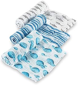 LollyBanks 100% Cotton Muslin Swaddle Nautical Ocean Blanket Set, Whale and Shark Pattern | Boy Receiving Blankets Pack of 3 Breathable Security Swaddles