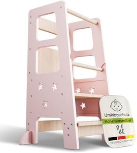 Juskys Lernturm Henny - für Kinder ab 1 Jahr, Stehhilfe, 3-Fach höhenverstellbar, Umkippschutz, Küchenhelfer - Rosa