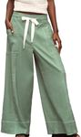 Ainangua Womens Linen Pants Flowy Wide Leg Palazzo Pants Maeve Beach Vacation Trousers Plus Size Summer Outfits(Army-Green,S)